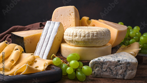 Cheese of different types with grapes brought together in close-up. Side view. Variety of cheeses