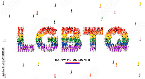 Happy Pride Month. A large group of people form to create the word Lgbtq in Pride flag color. Vector Illustration.