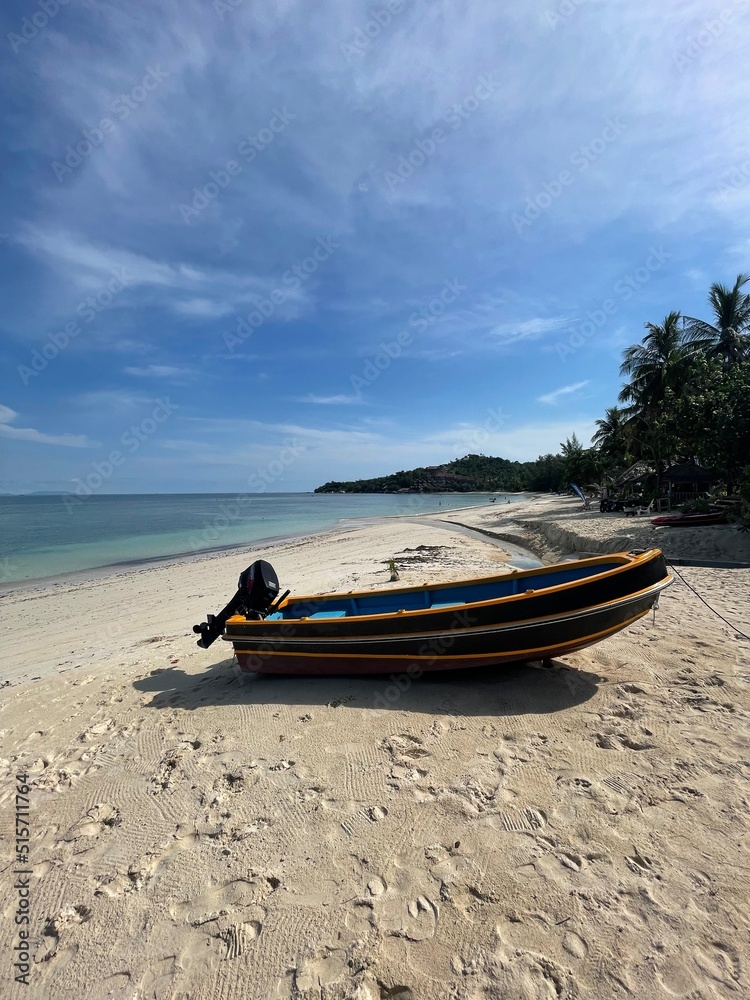 Fototapeta premium Boot am einsamen Sandstrand am Meer