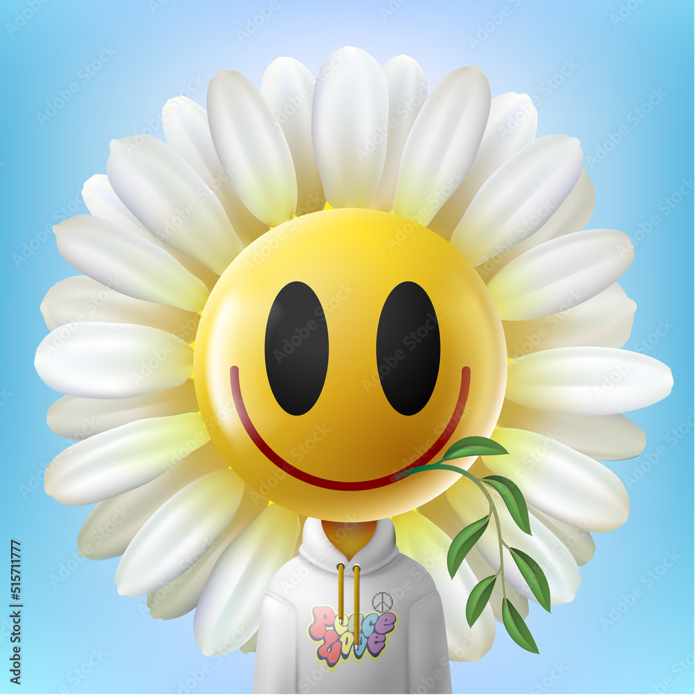 Love and peace emoji. Yellow smiling face with chamomile hair style and green olive twig. Funny cartoon-styled emoticon character