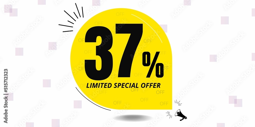 37% off limited special offer. Banner with thirty seven percent discount on a yellow round tag