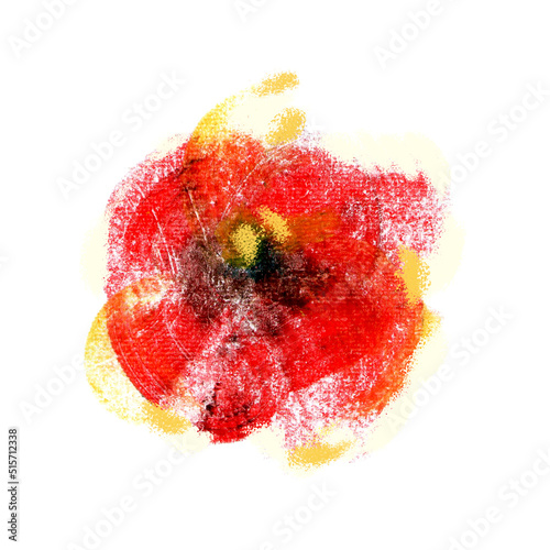 Stroke Drawing with oil crayons. Red abstract flowers of poppies. Spots with uneven rough edges.