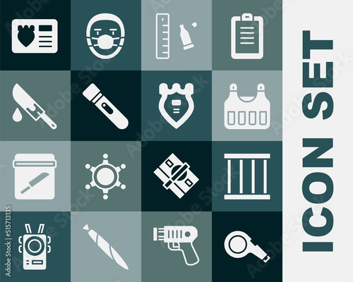 Set Whistle, Prison window, Bulletproof vest, casing with ruler, Flashlight, Bloody knife, Police badge id case and icon. Vector
