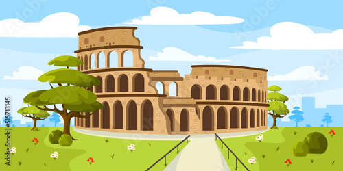 Vector illustration of a beautiful summer park with a historic coliseum. Cartoon urban landscape with historical buildings, trees, path, flowers and city in the background.