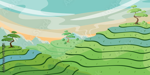 Vector illustration of beautiful summer Chinese rice fields. Cartoon Chinese landscape with mountains, fields, trees on the tops.