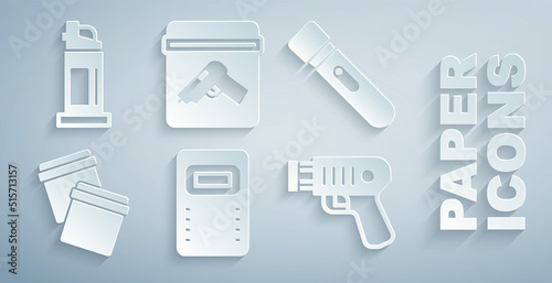 Set Police assault shield, Flashlight, Plastic bag with ziplock, electric shocker, Evidence gun and Pepper spray icon. Vector