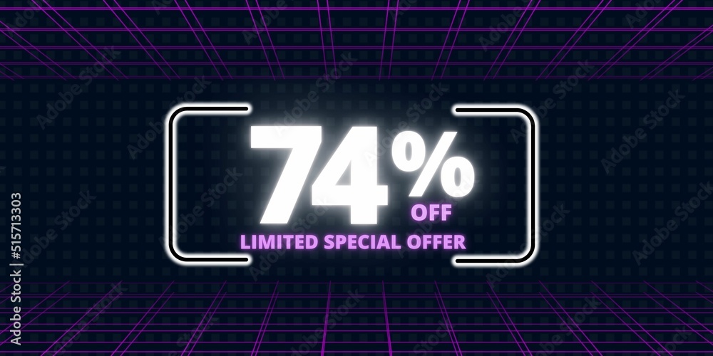 74% off limited special offer. Banner with seventy four percent discount on a  black background with white square and purple