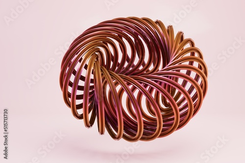 brown spiral twisted in a circle on a pink background. 3d illustration. 3d render.