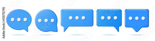 3D Blue Blank Speech Bubbles Set Isolated. Square and Round Rendering Chat Balloon Pin. Notification Shape Mockup. Communication, Web, Social Network Media, App Button. Realistic Vector Illustration