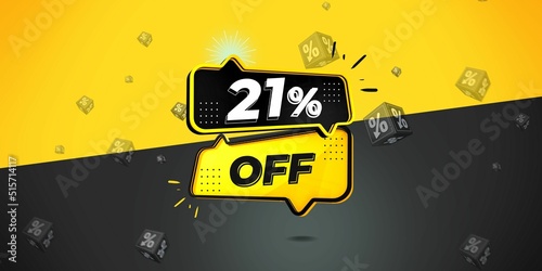 21  off limited special offer. Banner with twenty one percent discount on a  black and yellow background with yellow square and black. Illustration 3d