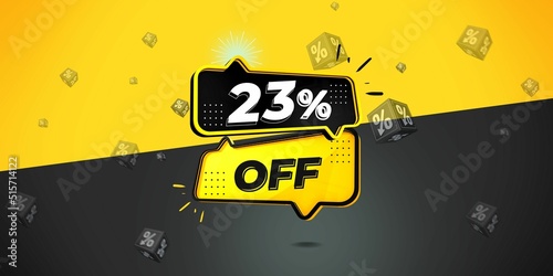 23  off limited special offer. Banner with twenty three percent discount on a  black and yellow background with yellow square and black. Illustration 3d