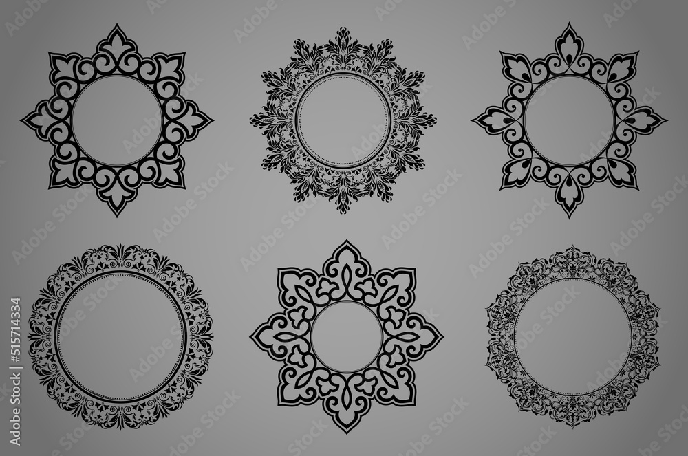 Set of decorative frames Elegant vector element for design in Eastern style, place for text. Floral black and gray borders. Lace illustration for invitations and greeting cards Set of decorative frames Elegant vector element for design in Eastern style, place for text. Floral black and gray borders. Lace illustration for invitations and greeting cards