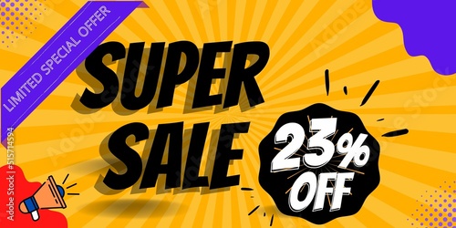 23  off limited special offer. Banner with twenty three percent discount on a yellow background with details