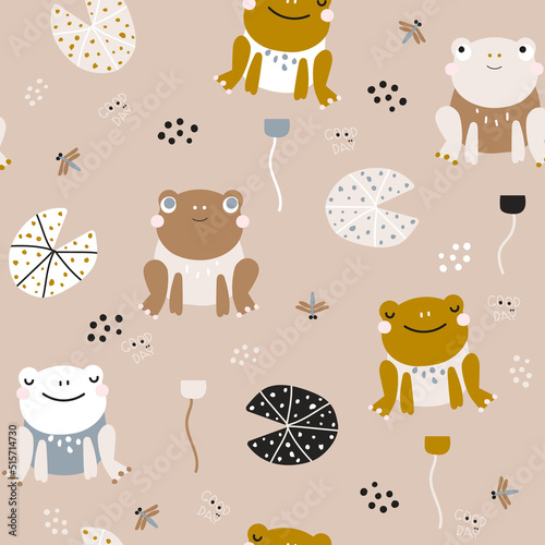 Seamless pattern with funny frogs and water lilies. Childish print. Vector hand drawn illustration.