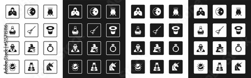 Set Witch cauldron, Witches broom, Bottle with potion, Mantle, cloak, cape, Magic hat, Moon and stars, stone ring gem and Wizard warlock icon. Vector