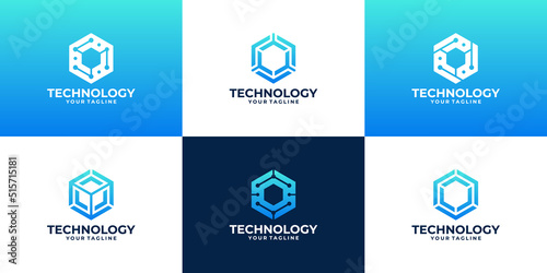 set of creative technology hexagon shape logo design.