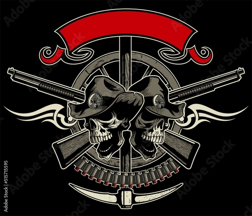 Vector vintage style human skulls in the cowboy hats, with the two crossed shotguns, pick axe, bullets and ornament on background. Vintage style print design.