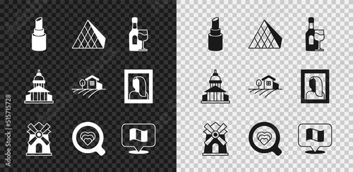 Set Lipstick, Louvre glass pyramid, Wine bottle with, Windmill, Coffee cup, Flag France, Museum building and Village landscape icon. Vector