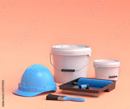 Set of safety helmet, bucket with paint rollers and brushes on orange background