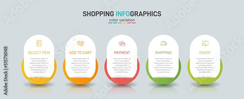 Concept of shopping process with 5 successive steps. Five colorful graphic elements. Timeline design for brochure, presentation, web site. Infographic design layout.
