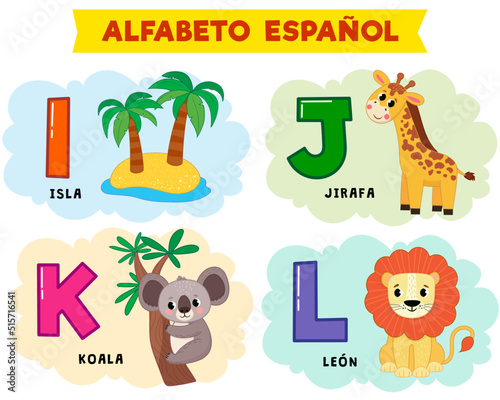 spanish alphabet. vector illustration. written in spanish island, giraffe, lion, koala
