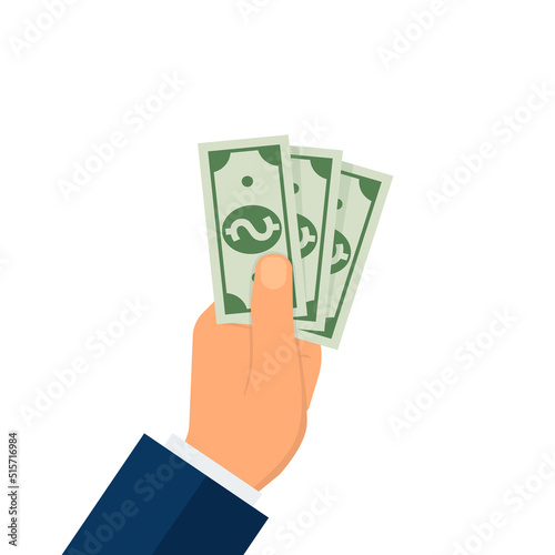 Hand holding green money banknotes. Vector flat design illustration