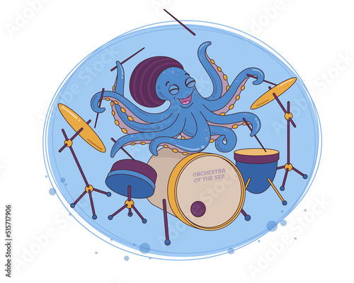 The octopus plays music on a drum kit. Cute character. Vector illustration.