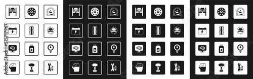 Set Motor gas gauge, Car tire wheel, battery, Repair car on lift, service, Alloy for, Tire pressure and Check engine icon. Vector