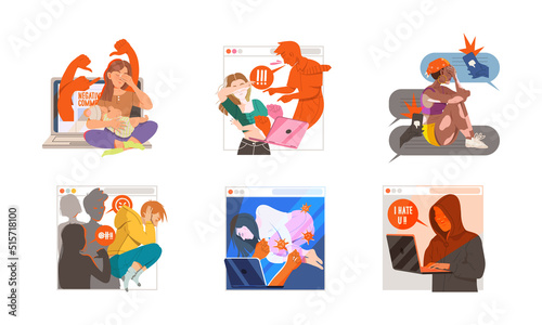 Cyber bullying in social networks. People suffering from violence, hatred and online abuse vector illustration