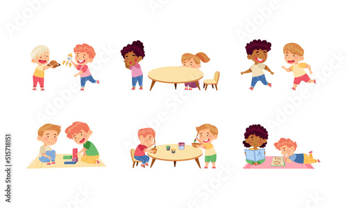 Kids playing and learning in kindergarten set. Preschool activities and early education for children cartoon vector illustration