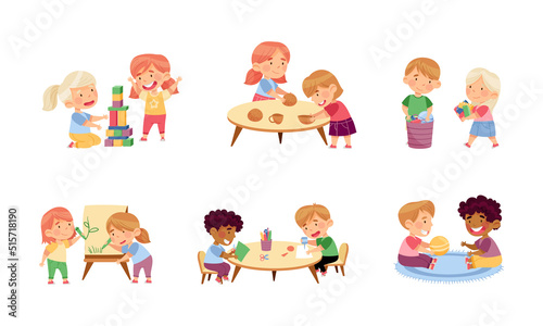 Kids playing and learning in kindergarten set cartoon vector illustration