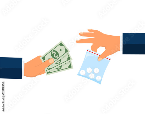 Buying medical pills in blister pack for money bills concept. Hand giving money for medicine. Flat design