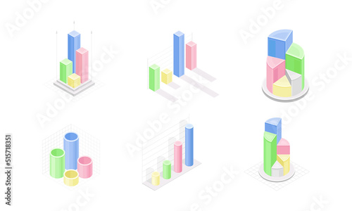 Set of financial and marketing data graphs isometric vector illustration