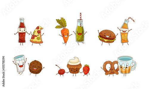 Forever friends set. Soda drink and pizza, cookie and milk, cupcake and berries, pretzel and beer vector illustration