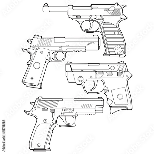 Set of firearms line art style, Shooting gun, Weapon illustration, Vector Line, Gun illustration, Modern Gun, Military concept, Pistol line art for training
