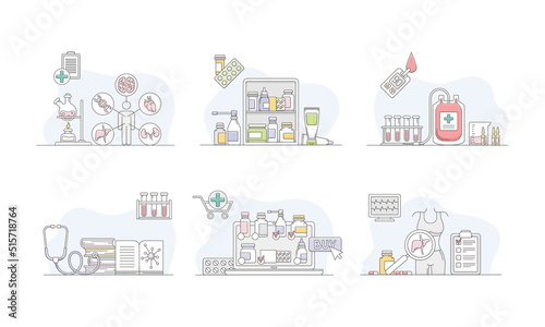 Healthcare and medicine concept. Laboratory equipment, blood and human organs donation vector illustration