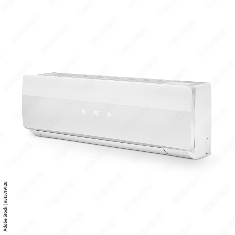 Three quarter view of a white modern air conditioner, isolated on white Three quarter view of a white modern air conditioner, isolated on white