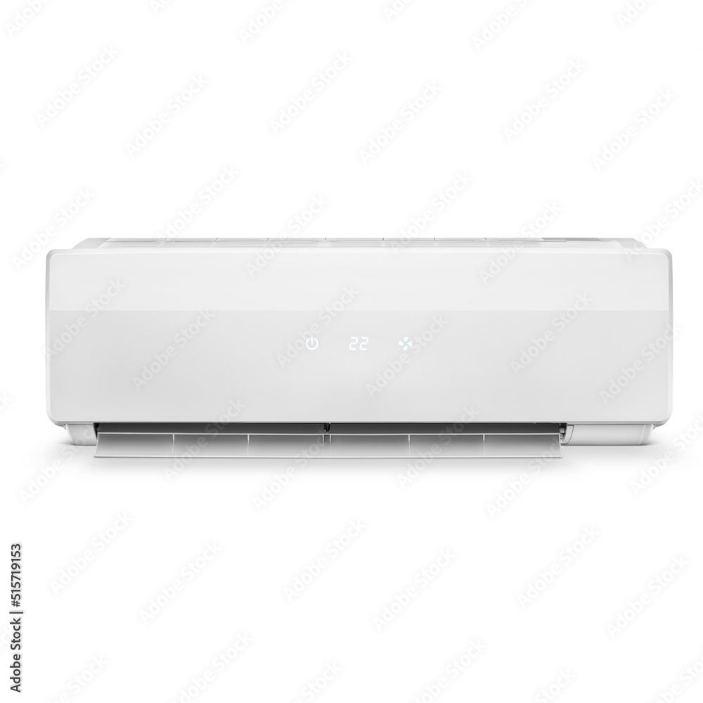 Front view of a white modern air conditioner, isolated on white Front view of a white modern air conditioner, isolated on white