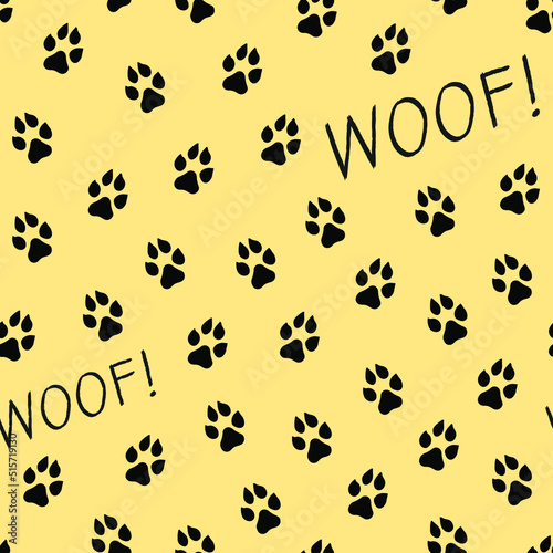 Seamless vector pattern with dog paws print and Woof text. Animal footprint on yellow background.