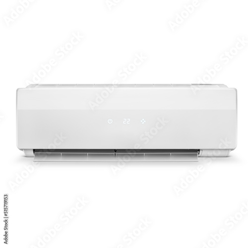 Front view of a white modern air conditioner, isolated on white