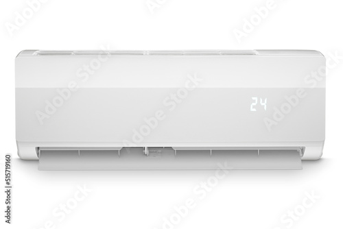 Front view of a white modern air conditioner, isolated on white