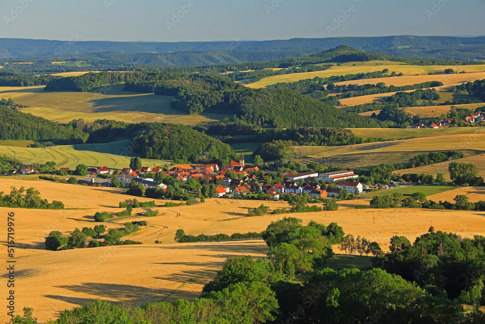 golden hour in the thuringian Eichsfeld panorama from the Dieteroder Klippen viewpoint