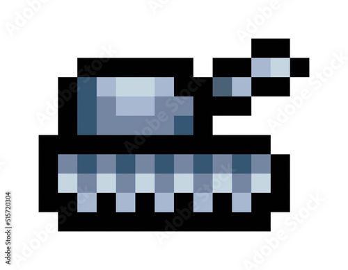 8 bit pixel art stle: a blue tank (heavy armoured fighting vehicle, carrying a gun, moving on a continuous articulated metal track).
 photo