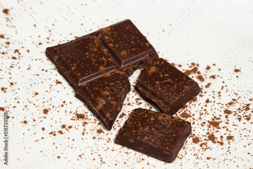 Slices of chocolate sprinkled with cocoa on a white plate. Sweet treat. Dessert serving.