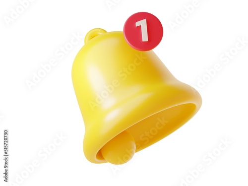 Notification bell icon 3d render - cute cartoon illustration of simple yellow bell with number one.