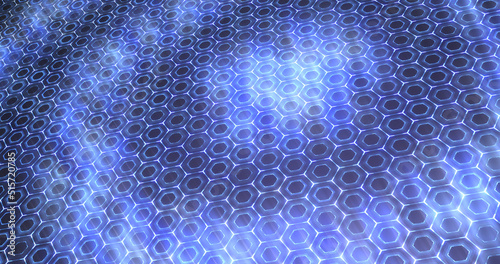 Background with tilted hexagonal blue grid and circular blue light
