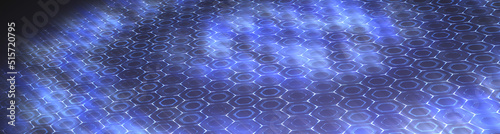 wide background with tilted hexagonal blue grid and circular blue light
