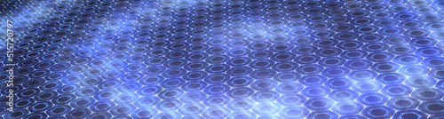 wide background with tilted hexagonal blue grid and circular blue light
