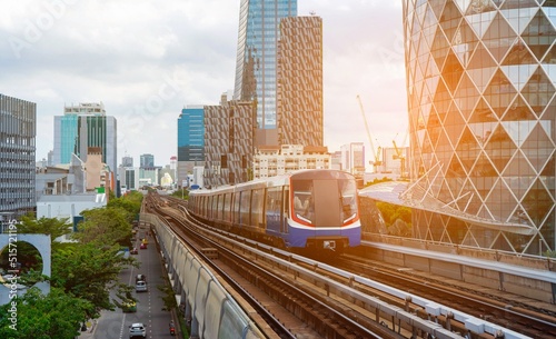 BTS Skytrain in the city with sunlight