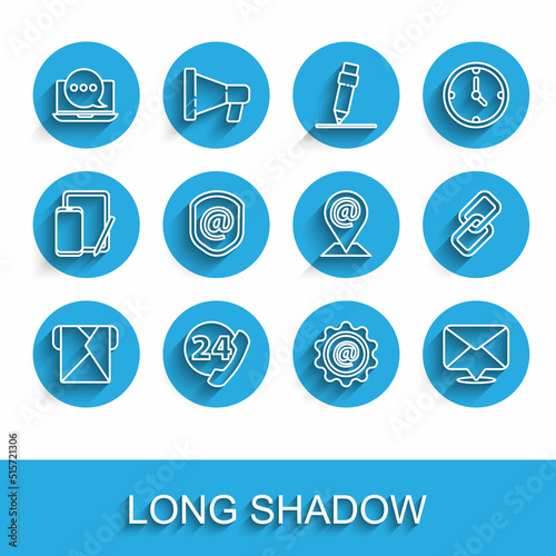Set line Envelope, Telephone 24 hours support, Chat messages notification laptop, Mail and e-mail, Shield with, Chain link and Location icon. Vector
